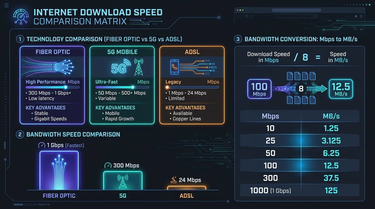 Tableau des débits internet et conversions Mbps vers Mo/s