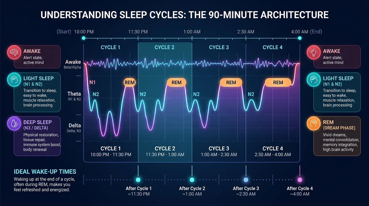 Diagrama científico dos ciclos de sono humano de 90 minutos