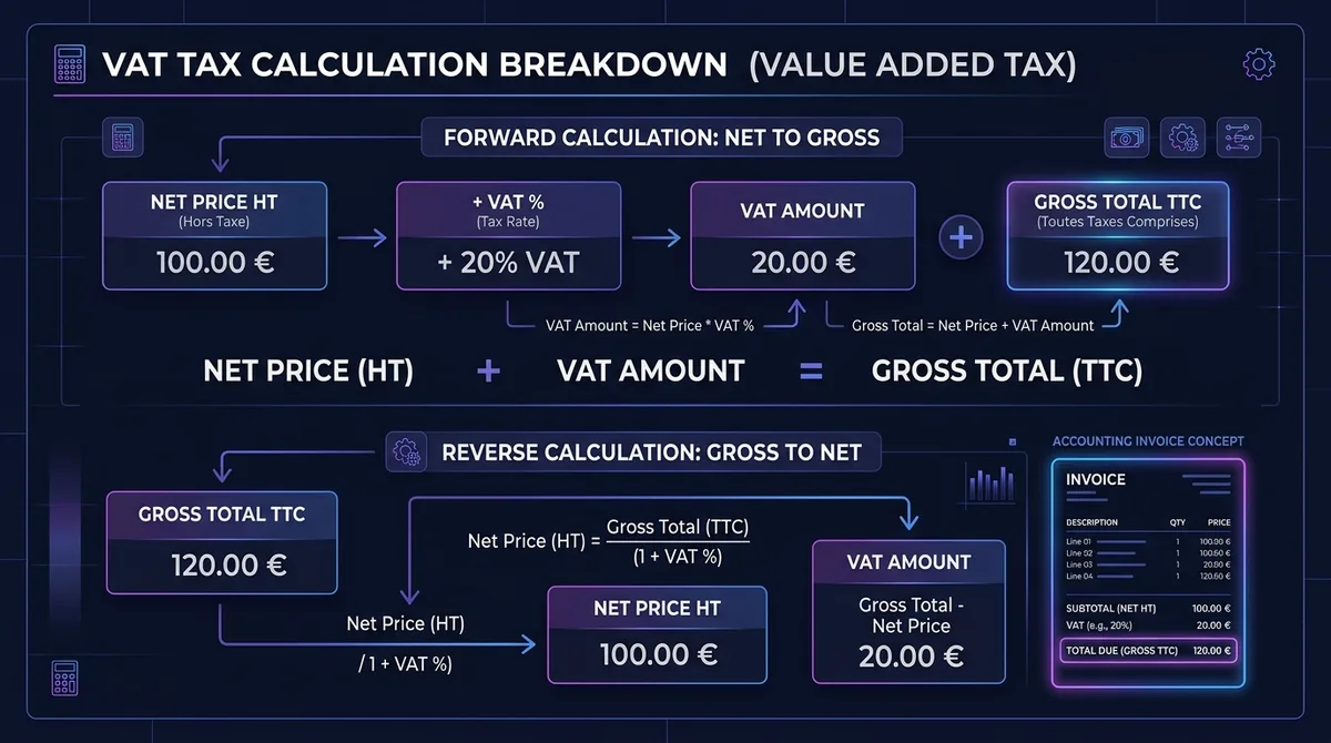 Schéma et infographie de calcul de la TVA : conversion HT vers TTC et calcul inverse